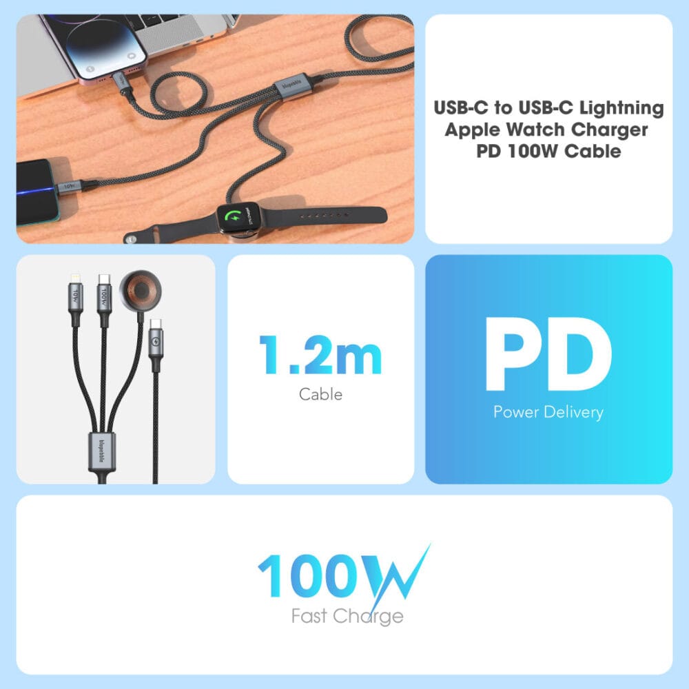 PowerFlow USB-C to USB-C Lightning Apple Watch Charger Cable 1.2m - Image 3